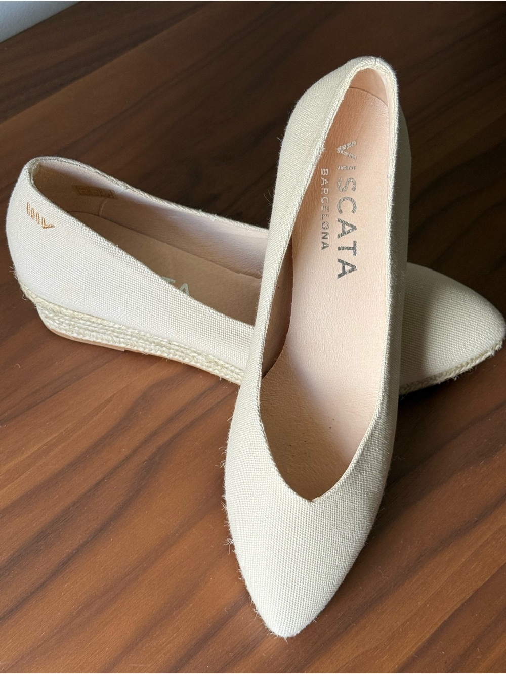 Escata Cream Canvas Espadrille Wedge Pumps